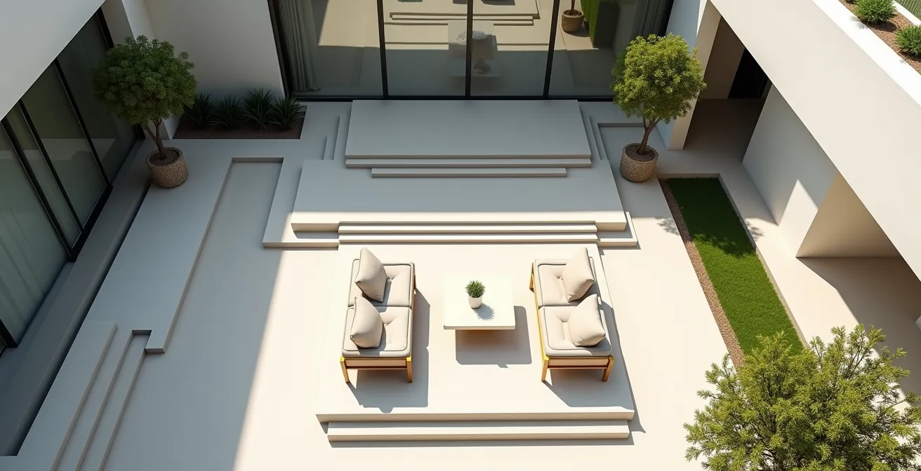 Point de vue aérien montrant l'organisation spatiale d'une terrasse autour d'un canapé central