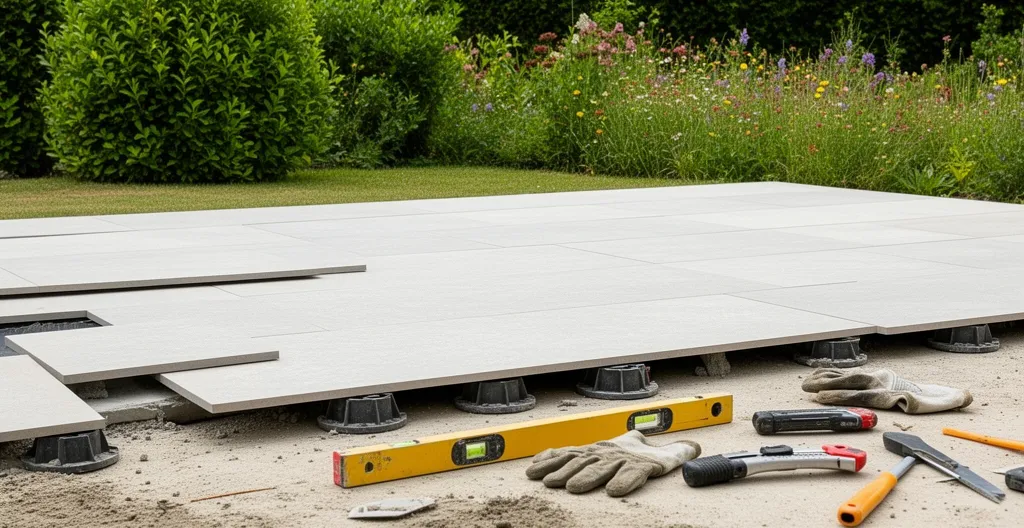 Chantier de pose de terrasse en grès cérame sur plots avec dalles et outils