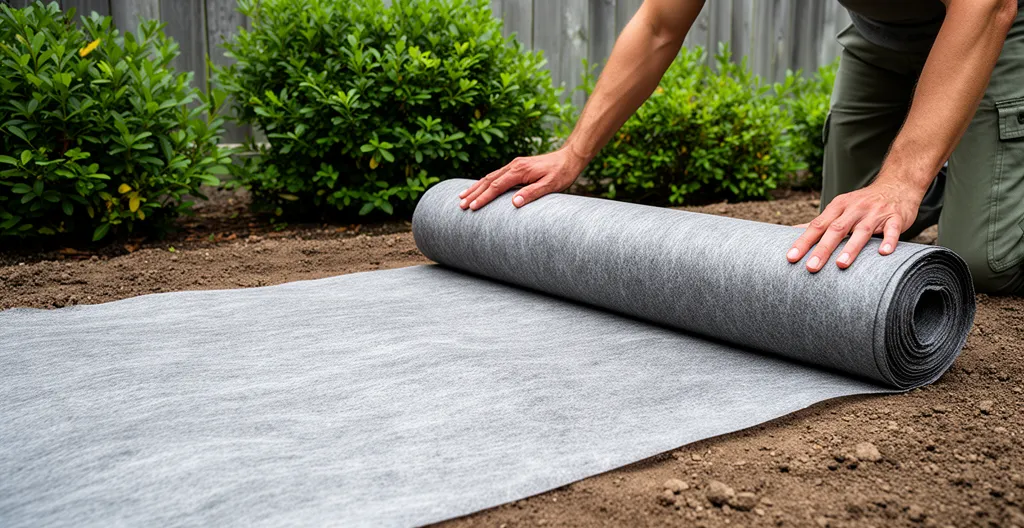 Personne déroulant un rouleau de géotextile gris sur sol préparé dans un jardin résidentiel