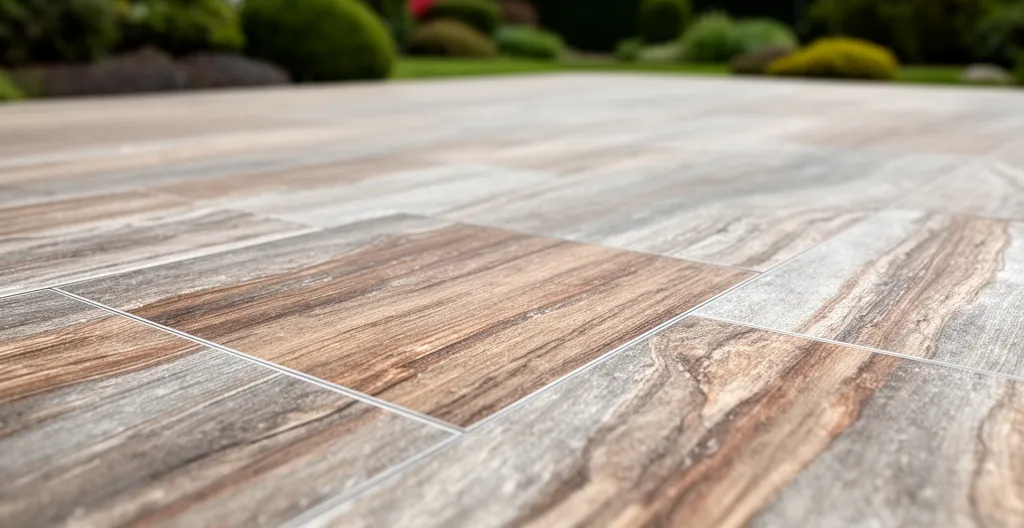 Gros plan sur dalles en grès cérame imitation bois veiné posées en extérieur