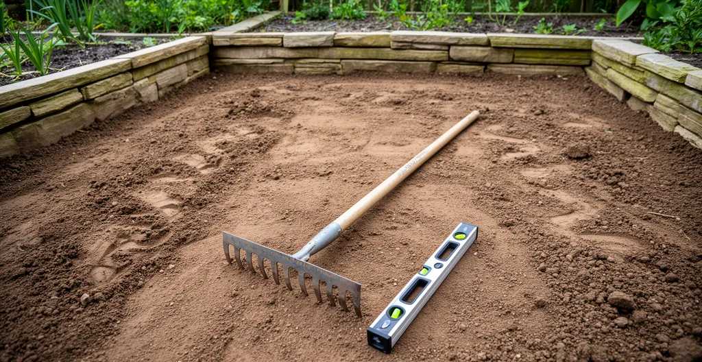 Zone de jardin en cours de préparation avec râteau et niveau à bulle posés sur sol terreux