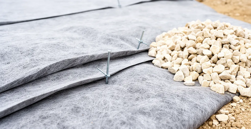 Deux bandes de géotextile gris se chevauchant avec agrafes de fixation visibles