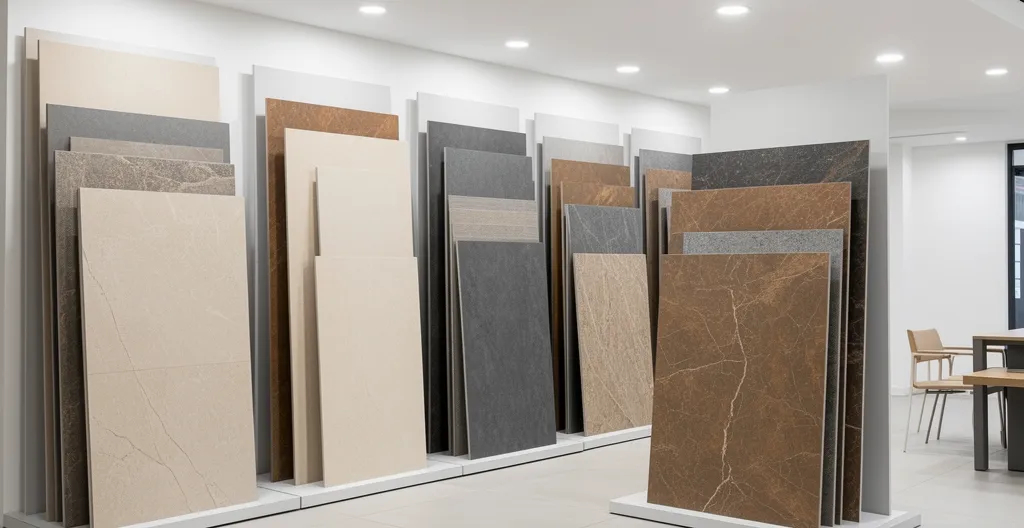 Intérieur de showroom avec présentoirs de dalles grès cérame extérieur différents formats et coloris