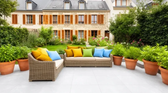 Terrasse en grès cérame grand format avec salon de jardin et jardinières, maison de ville en arrière-plan