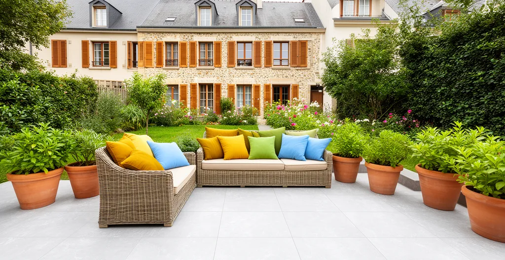 Terrasse en grès cérame grand format avec salon de jardin et jardinières, maison de ville en arrière-plan